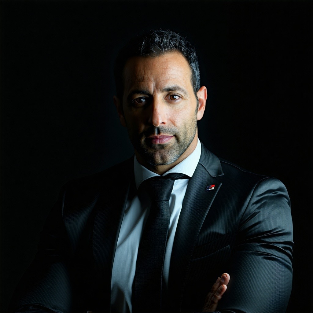 a professional and cinematic corporate headshot with dramatic lighting for an italian american CEO in their 30s-1